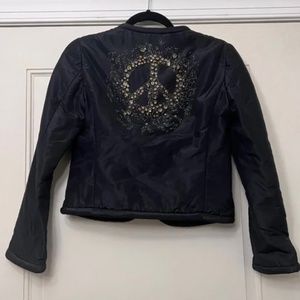 Moschino black silk peace sign embellished jacket